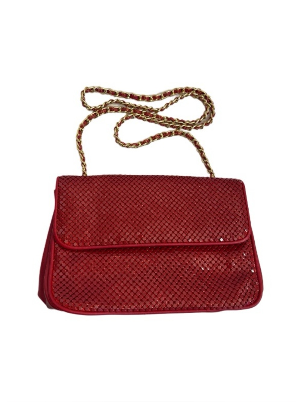 Vintage Whiting and Davis Red Metal Mesh Shoulder Crossbody Bag Gold Strap USA